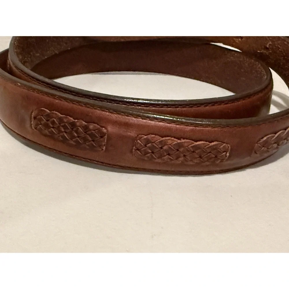 Vintage Men Brown Leather Belt 40 Braided Accent Western Dress Silver Buckle